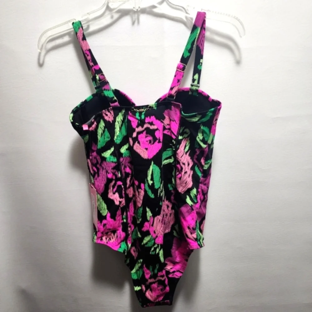 Betsey Johnson Swimsuit Balconette Style Roses Black Pink 1-Pc Size Medium NWT